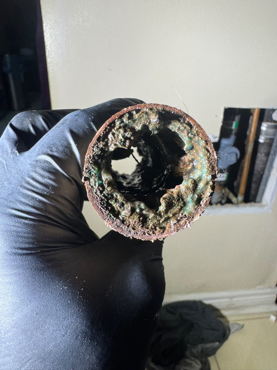 Cut section of a drain pipe almost closed with scale, held in a gloved hand